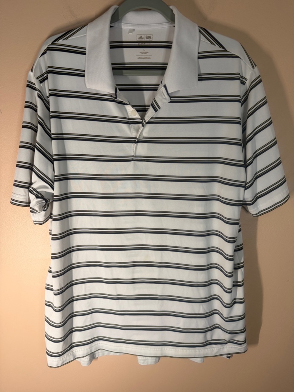 Adidas Golf White Polo Shirt with Black & Gray Stripes